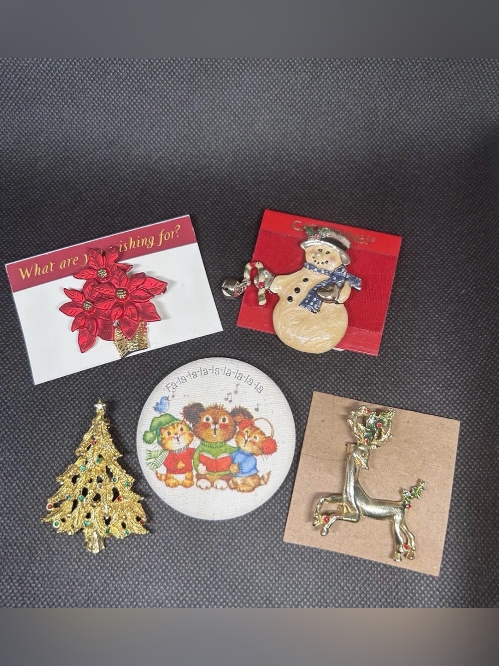 Vintage Christmas Brooch Lot 5 Pcs: Snowman Tree Carolers Poinsettia Reindeer